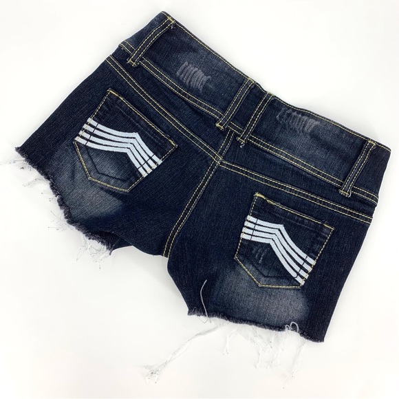 Rue 21 Dark Blue Wash Distressed Cut-Off Denim Shorts, 1/2 - Picture 2 of 16